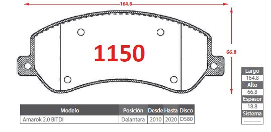 PASTILLA DE FRENO VOLKSWAGEN 1150 DELANTERA - Imagen 2
