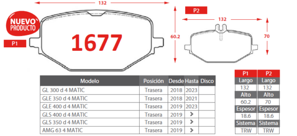 PASTILLA DE FRENO MERCEDEZ BENZ 1677 TRASERA - Imagen 2