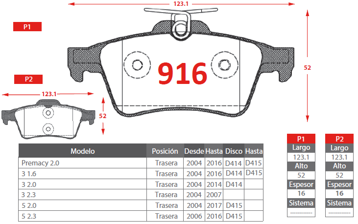 PASTILLAS FRENO HYBRID MAZDA 916 TRASERAS - Imagen 5