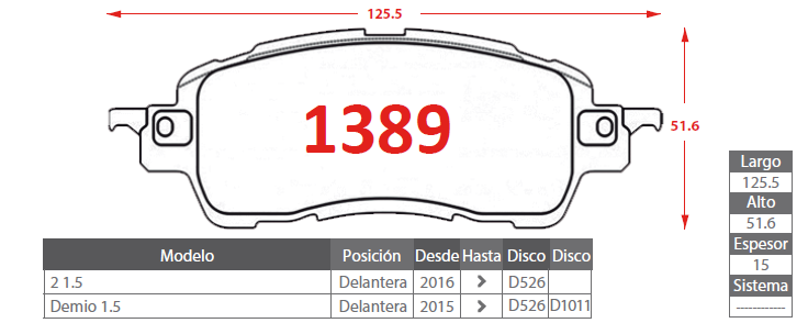 PASTILLA DE FRENO HYBRID MAZDA 1389 DELANTERA - Imagen 2