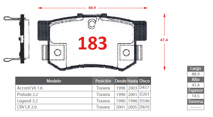 PASTILLA DE FRENO HONDA 183 TRASERA (630) - Imagen 2