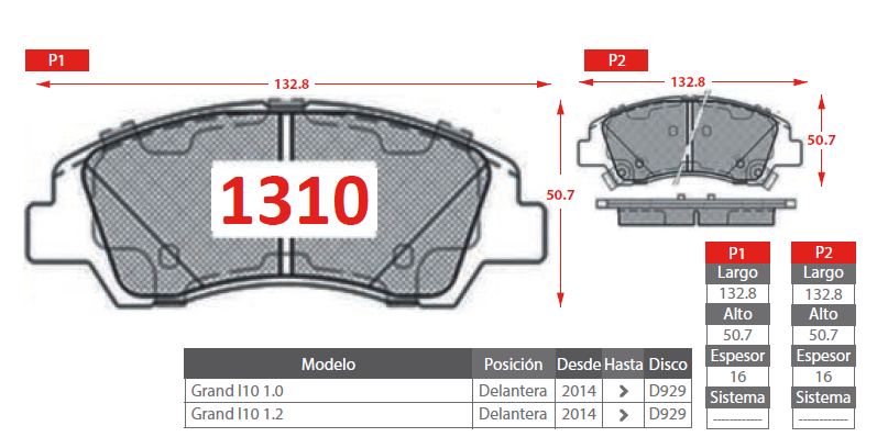 PASTILLA DE FRENO HYUNDAI 1310 DELANTERA - Imagen 2
