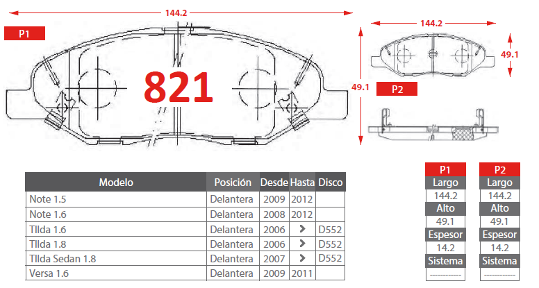 PASTILLA DE FRENO NISSAN 821 DELANTERAS - Imagen 2