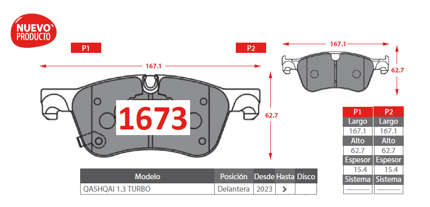 PASTILLA DE FRENO AP NISSAN 1673 DELANTERA - Imagen 2