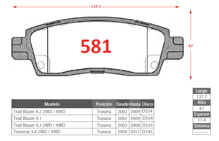 PASTILLA DE FRENO CHEVROLET 581 TRASERA - Imagen 2