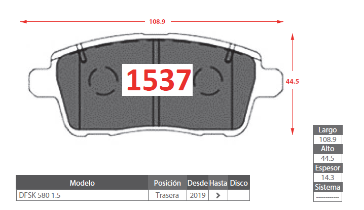 PASTILLAS FRENOS DFSK 1537 TRASERAS - Imagen 2