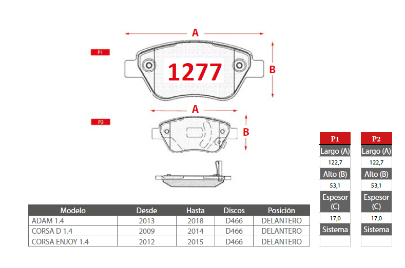 PASTILLAS FRENO OPEL 1277 DELANTERA - Imagen 2