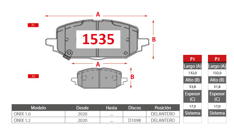 PASTILLAS FRENO CHEVROLET 1535 DELANTERAS - Imagen 2