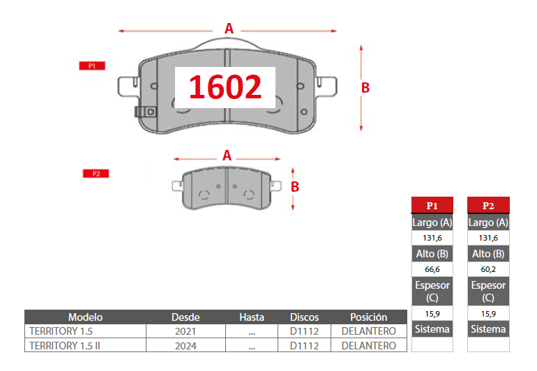 PASILLAS FRENOS HYBRID FORD 1602 DELANTERAS - Imagen 2