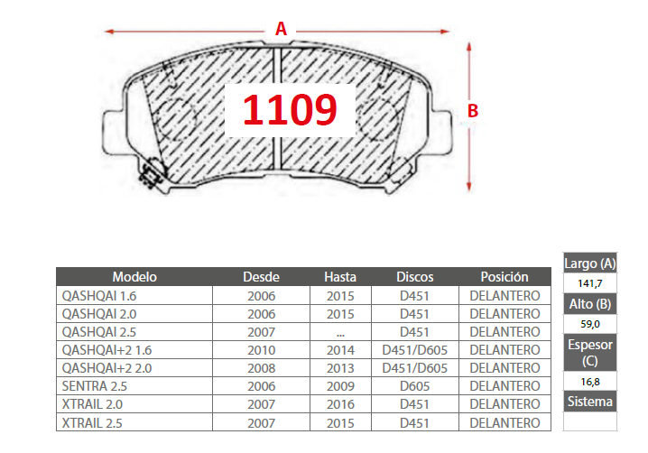 PASTILLAS FRENOS PLATINUM 1109 NISSAN DELANTERAS - Imagen 2