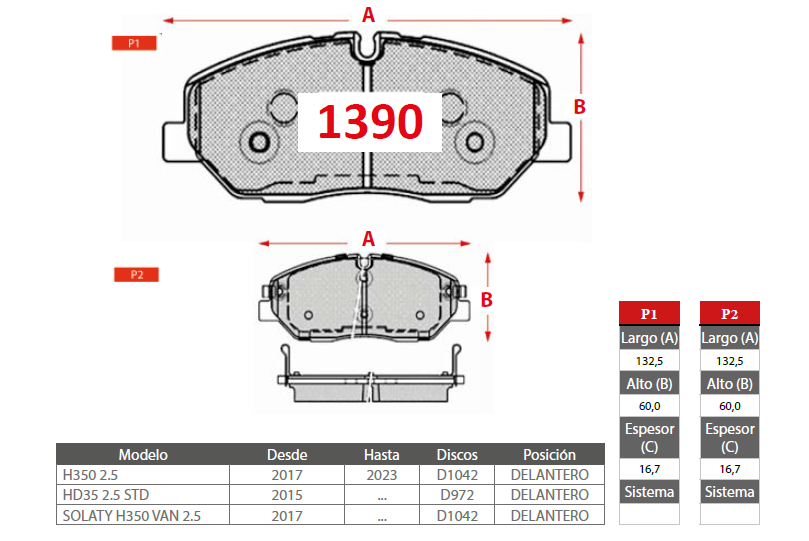 PASTILLAS FRENO HYUNDAI 1390 DELANTERAS - Imagen 2