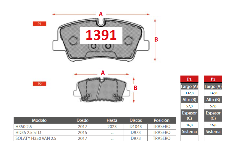 PASTILLAS FRENOS HYUNDAI 1391 TRASERAS - Imagen 2