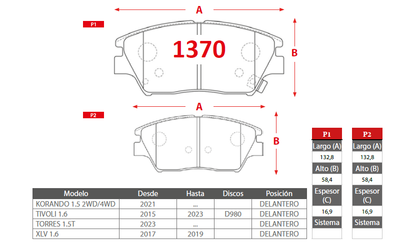PASTILLAS FRENOS SSANGYONG 1370 DELANTERAS - Imagen 2