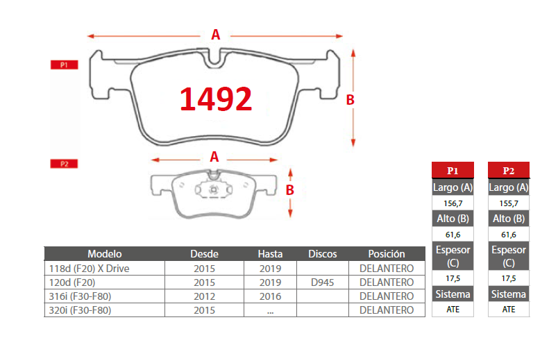 PASTILLAS FRENOS BMW 1492 DELANTERAS - Imagen 2