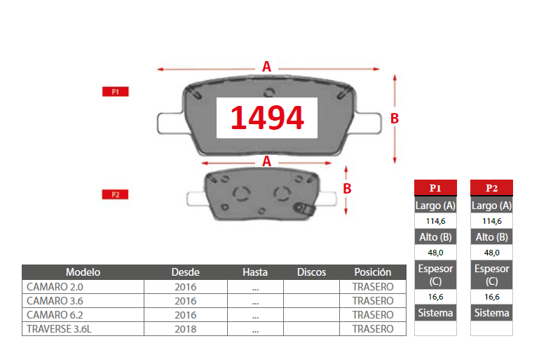 PASTILLAS FRENOS CHEVROLET 1494 TRASERAS - Imagen 2