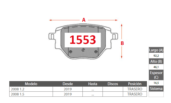 PASTILLAS FRENO PEUGEOT 1553 TRASERAS - Imagen 2