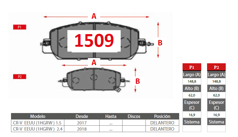 PASTILLAS FRENO PLATINUM HONDA 1509 DELANTERAS - Imagen 2