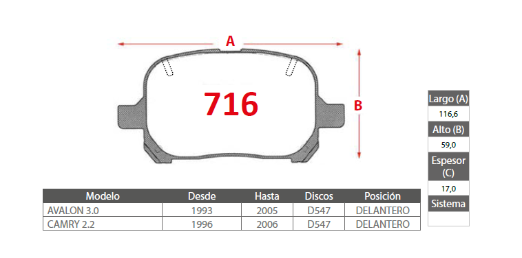 PASTILLAS FRENO TOYOTA 716 DELANTERAS - Imagen 2