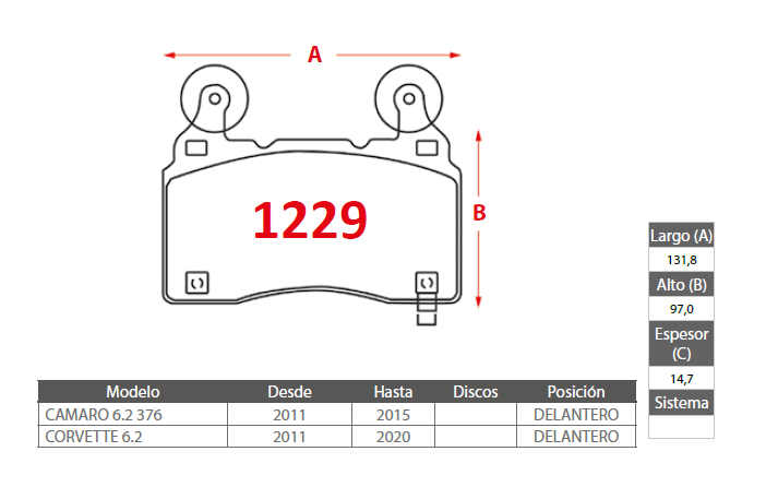PASTILLAS FRENO PLATINUM CHEVROLET 1229 DELANTERAS - Imagen 2