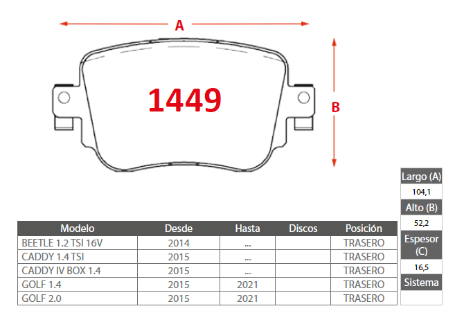 PASTILLAS FRENO PLATINUM 1449 TRASERAS - Imagen 2