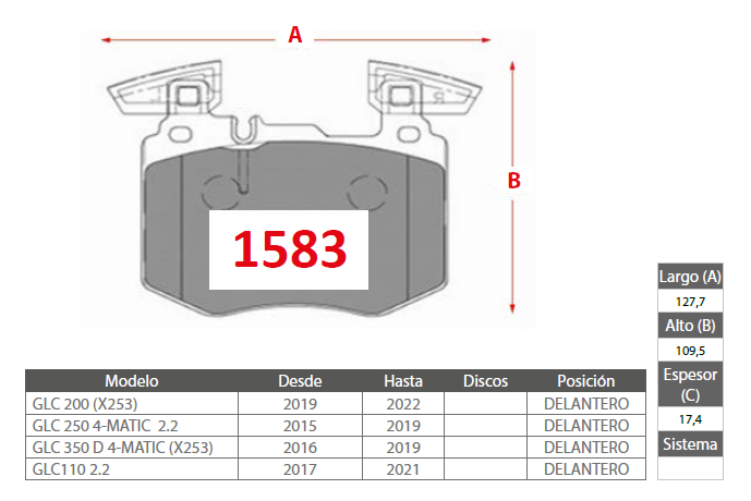 PASTILLAS FRENO CERAMICAS M. BENZ 1583 DELANTERAS - Imagen 2