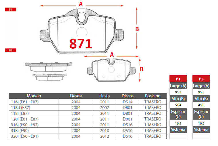 PASTILLAS FRENO BMW 871 TRASERAS - Imagen 2