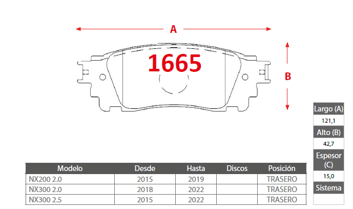 PASTILLAS FRENO LEXUS 1665 TRASERAS - Imagen 2