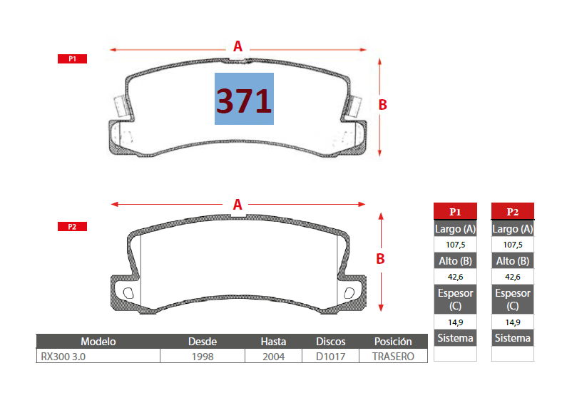 PASTILLAS FRENO LEXUS 371 TRASERAS - Imagen 2