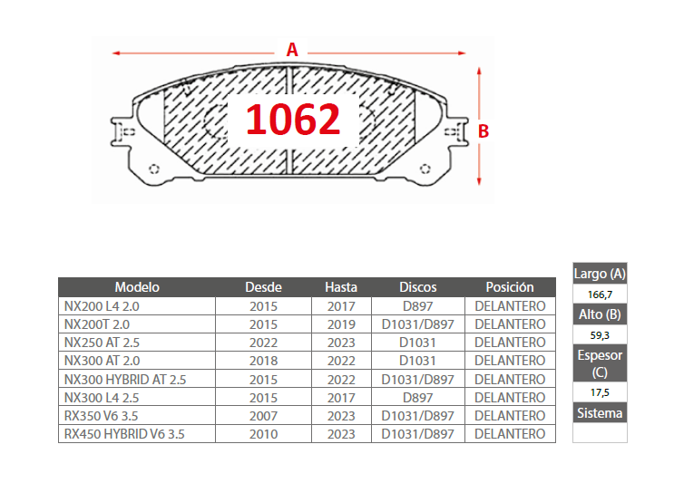PASTILLAS FRENO TOYOTA 1062 DELANTERAS - Imagen 2