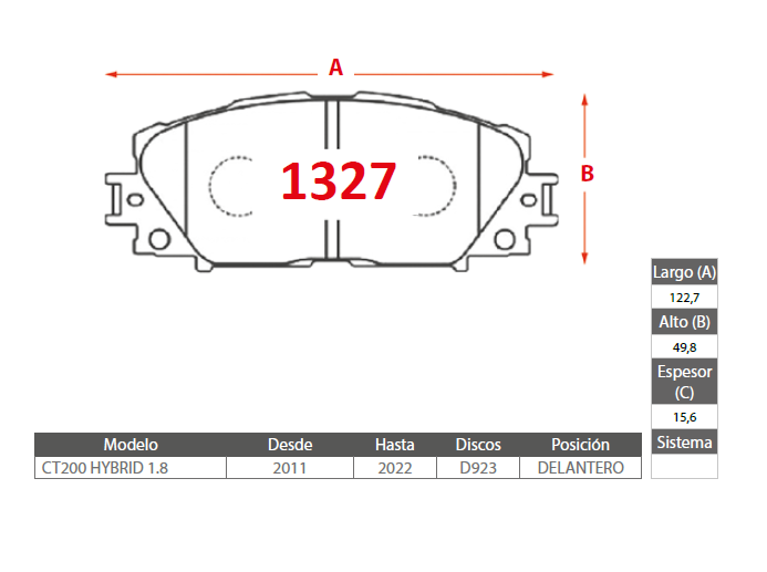 PASTILLAS FRENO PLATINUM TOYOTA 1327 DELANTERAS - Imagen 2